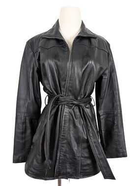 Vintage Leather Jacket Belted Size Medium Black Biker